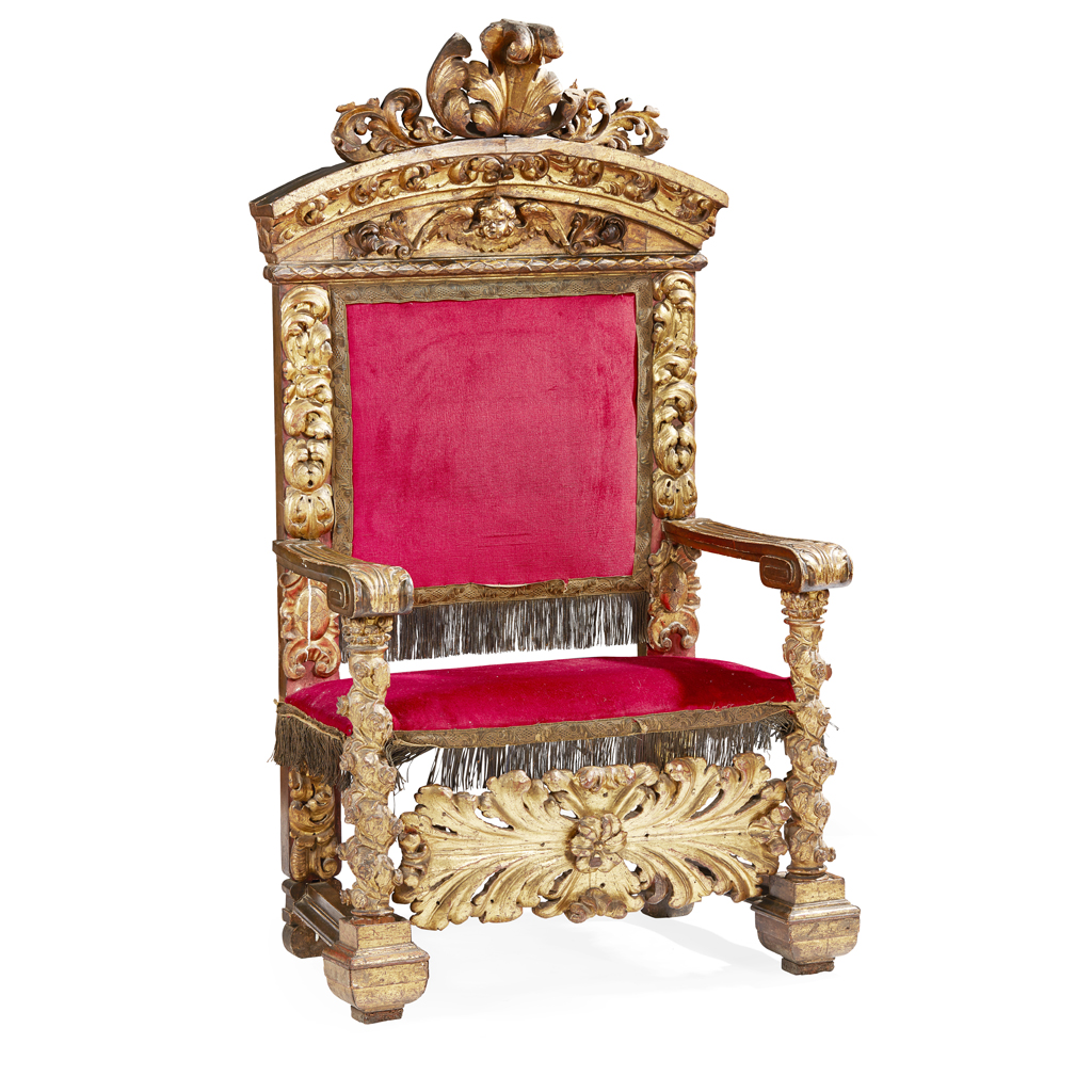 Appraisal: ITALIAN CARVED GILTWOOD 'DOGE'S' ARMCHAIR TH CENTURY the rectangular padded