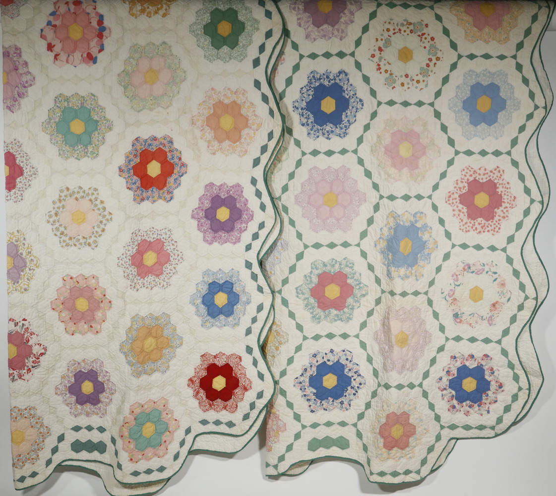 Appraisal: VINTAGE PATCHWORK QUILTS Near Pair of Grandmother's Flower Garden Pattern