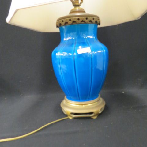 Appraisal: Fine French Blue Porcelain Lamp ribbed body excellent