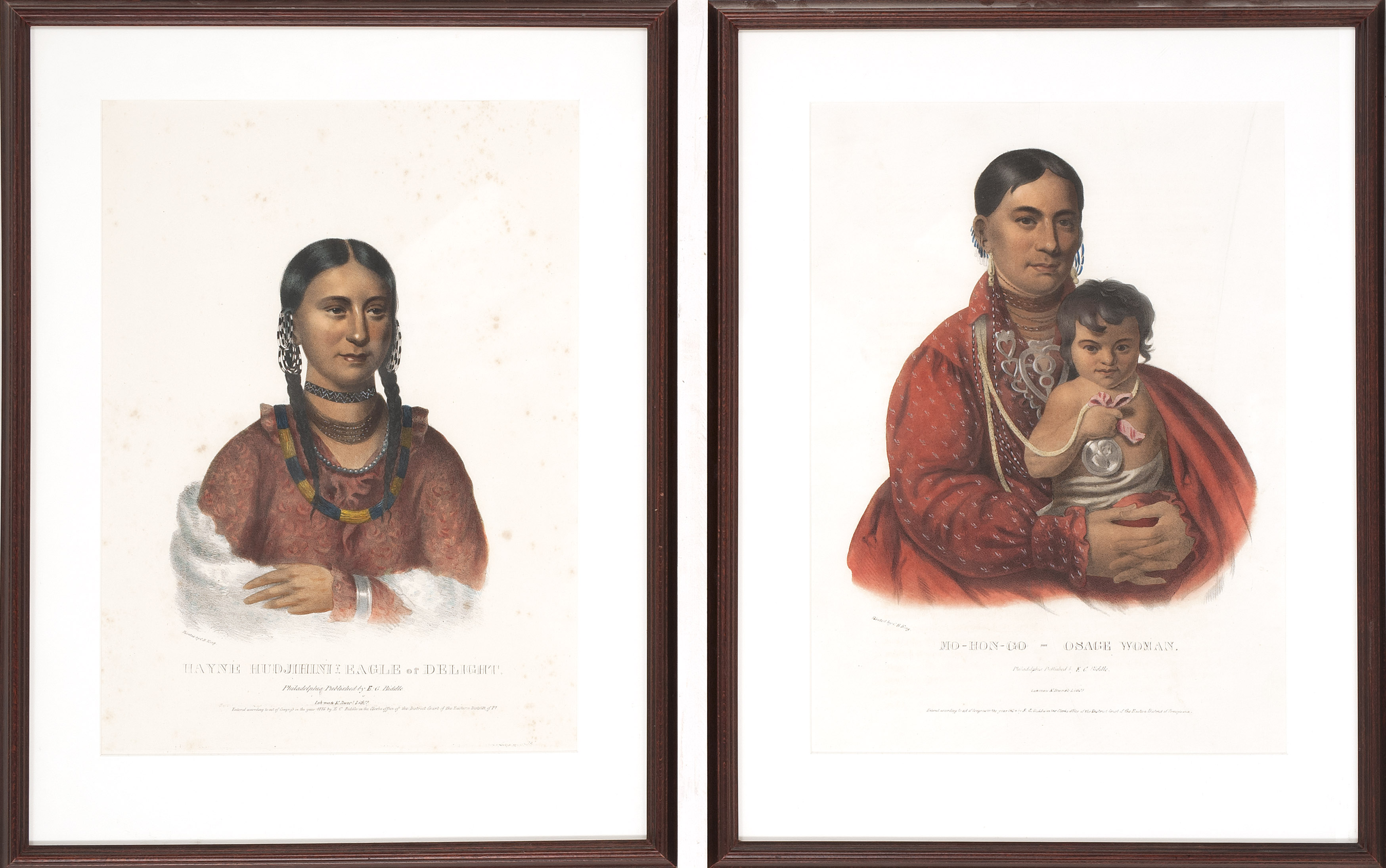 Appraisal: TWO FRAMED PRINTS BY E C BIDDLE Mo-Hon-Go Osage Woman