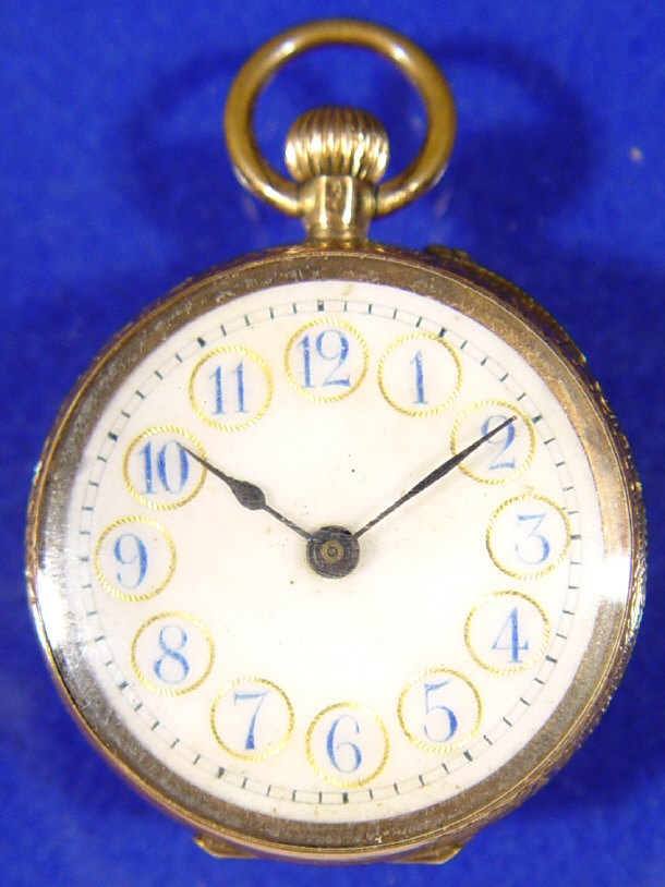 Appraisal: K floral chased ladies pocket watch with enamel dial