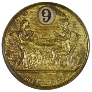 Appraisal: Small Brass Whist Marker Circa Excellent Lovely embossed scene of