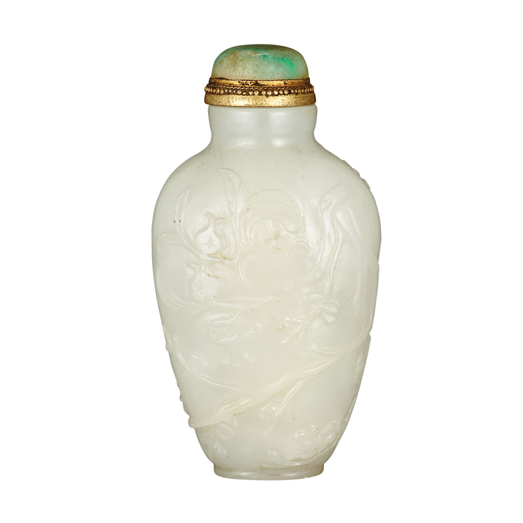 Appraisal: Chinese Celadon Jade Snuff Bottle th Century The well hollowed