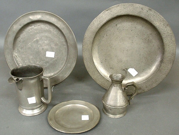 Appraisal: - Five early English pewter pieces- flagon h haystack plate