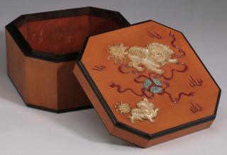 Appraisal: Chinese wood and hardstone Fu lion box sq Chinese wood