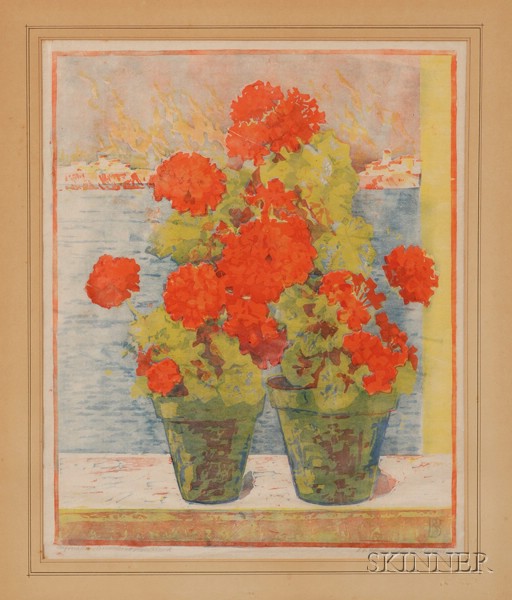 Appraisal: German School th Century Geraniums on a Sill Signed E