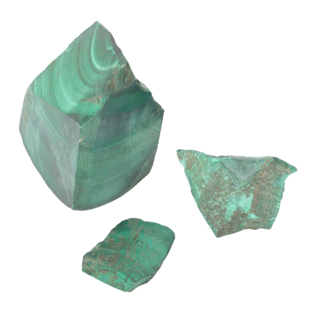 Appraisal: THREE CUT NATURAL MALACHITE ROCK MINERAL SPECIMENS H X W