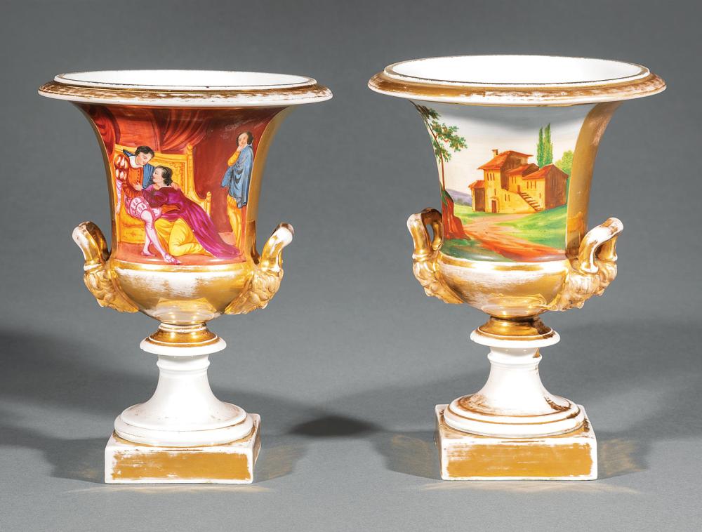 Appraisal: Pair of Paris Polychrome and Gilt Porcelain Campagna Urns th