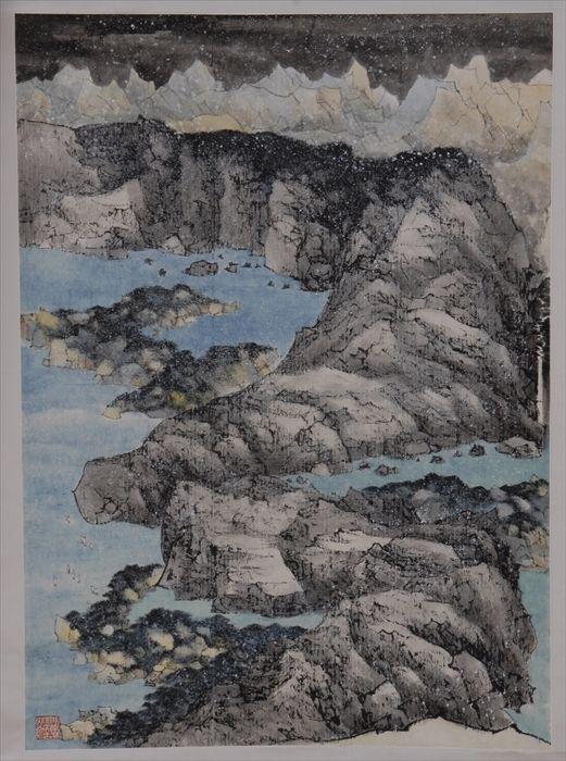 Appraisal: C C WANG COASTAL LANDSCAPE WITH DISTANT MOUNTAINS Pen and