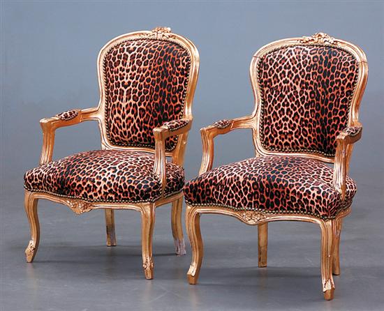 Appraisal: Pair Louis XV style giltwood fauteuils cartouche-form padded back above