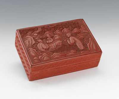 Appraisal: An Oblong Chinese Carved Cinnabar Box Removable lid with three