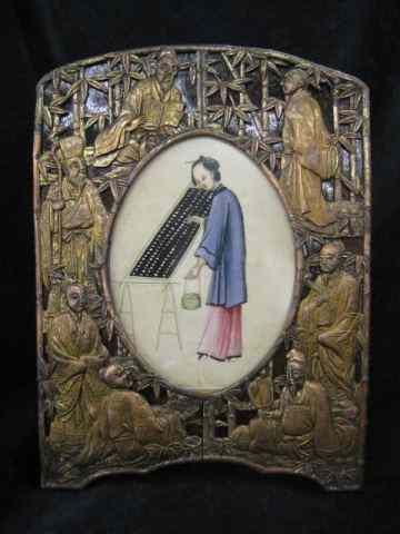 Appraisal: Chinese Bronzed Wooden Framewith painting on silk very ornate scene