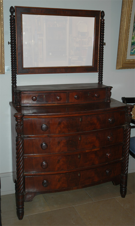 Appraisal: Empire Mahogany Bow Front Dresser with Mirror Estimate nbsp nbsp