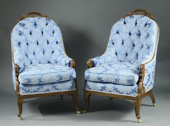 Appraisal: A PAIR OF VICTORIAN BLUE UPHOLSTERED MAHOGANY ARMCHAIRS Regency-Victorian transitional