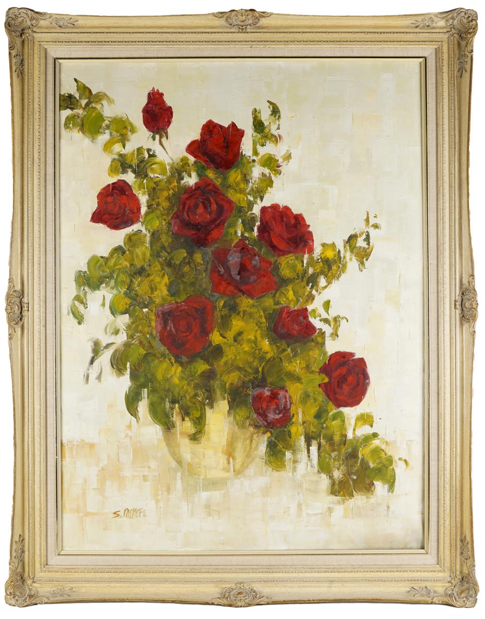 Appraisal: S MENEFE RED ROSES STILL LIFEoil on canvas signed lower