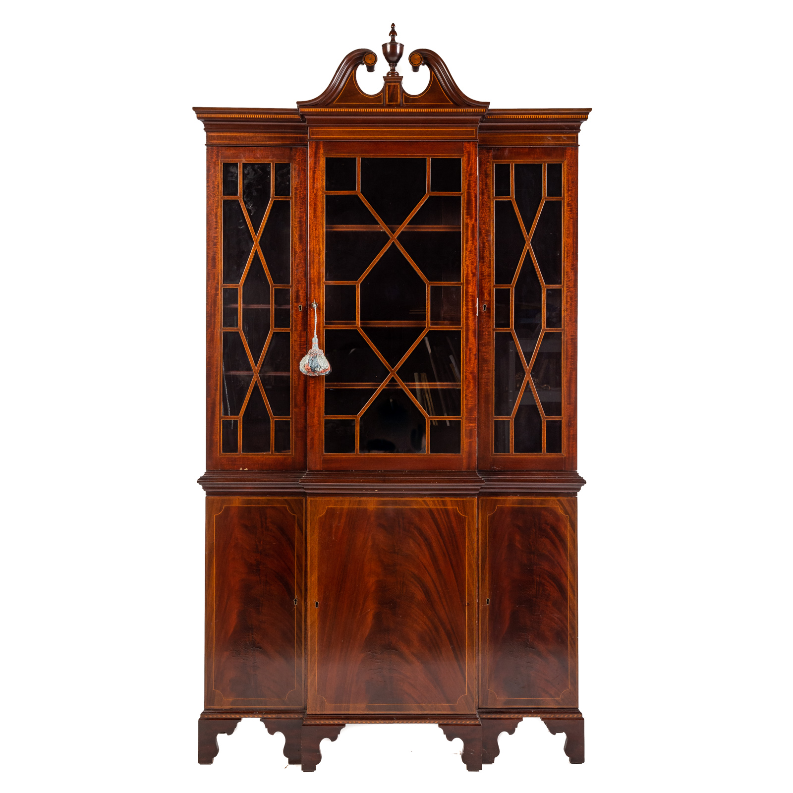 Appraisal: POTTHAST BROTHERS MAHOGANY INLAID CHINA CABINET th century broken arched