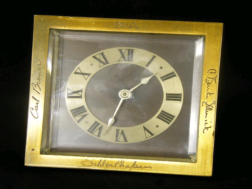 Appraisal: Square lacquered brass easel clock timepiece the bronze dial with