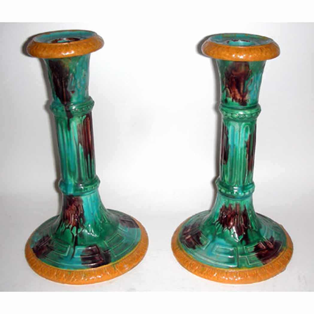 Appraisal: Pair of English Majolica Candlesticks th th Century Each of