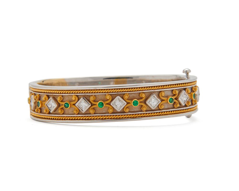 Appraisal: K Gold Diamond and Emerald Bangle Bracelet the bicolor bangle