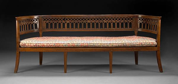 Appraisal: An Italian Neoclassical fruitwood bench circa The rectangular crestrail over