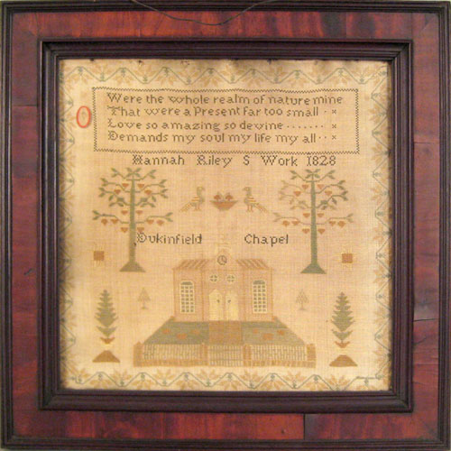 Appraisal: English silk on linen sampler dated wrought by Hannah Riley