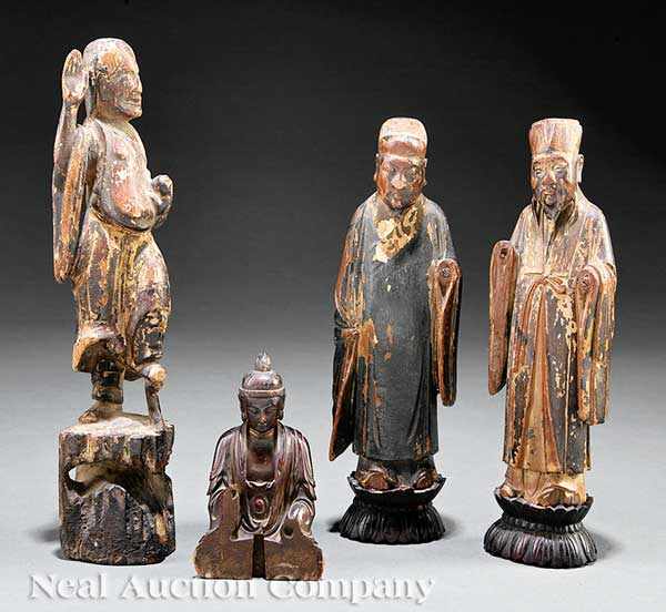 Appraisal: A Group of Four Antique Chinese Carved and Painted Wood