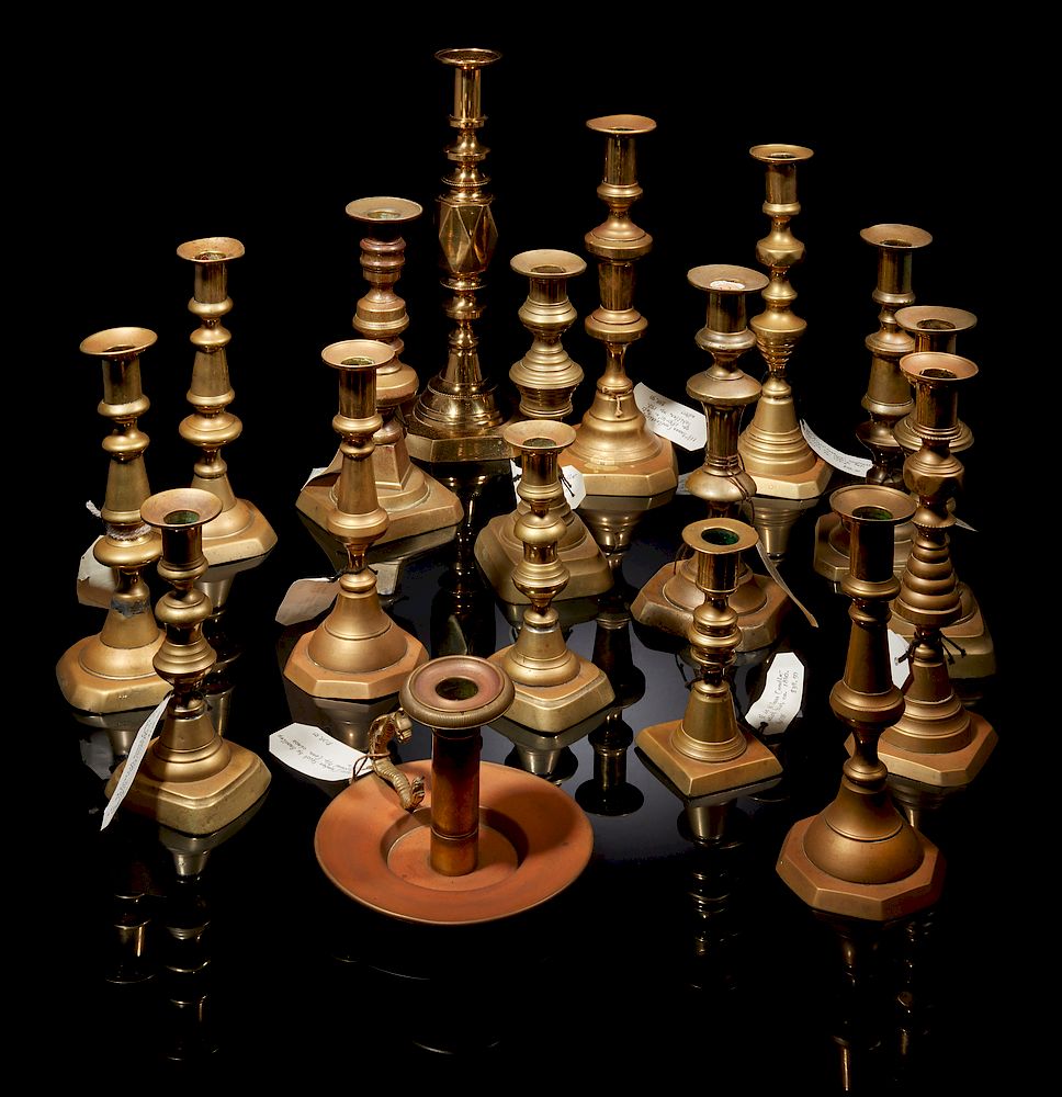 Appraisal: Seventeen Brass Candlesticks Sixteen assorted brass candlesticks and a brass