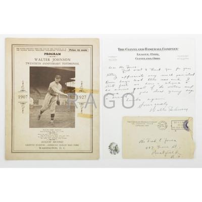 Appraisal: WALTER JOHNSON BASEBALL EPHEMERA Signed handwritten letter on Cleveland Baseball