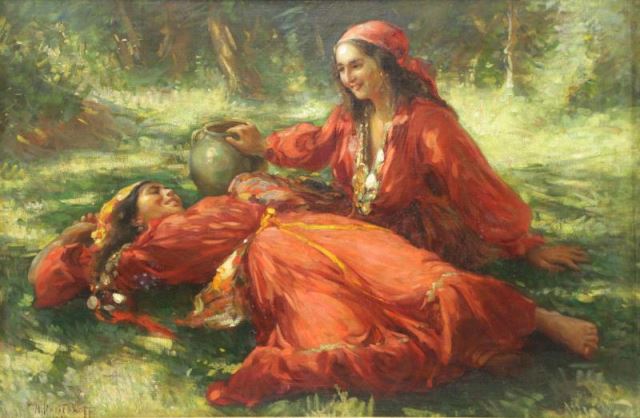 Appraisal: HARITONOFF Nicholas Oil on Canvas GypsiesReclining in the Grass Nicholas