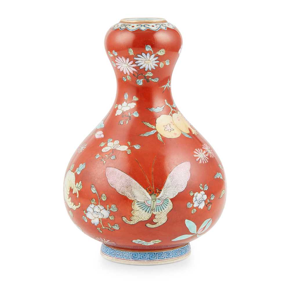 Appraisal: RED-GROUND FAMILLE ROSE GOURD-SHAPED VASE QIANLONG MARK BUT LATER the