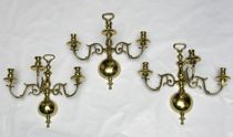 Appraisal: Three Brass Wall Fixtures Trio of identical brass wall candelabras