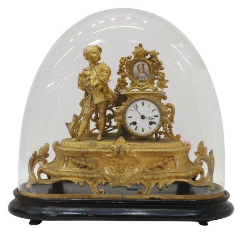 Appraisal: French gilt metal mantel shelf clock th c nobleman admiring