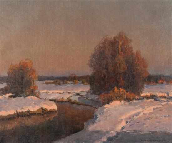 Appraisal: Wiktor Korecki Polish - Snowy Landscape with Stream oil on