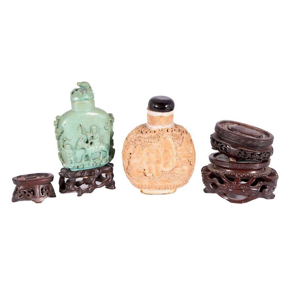 Appraisal: Two Large Snuff Bottles and Asian Stands Two Large Bottles