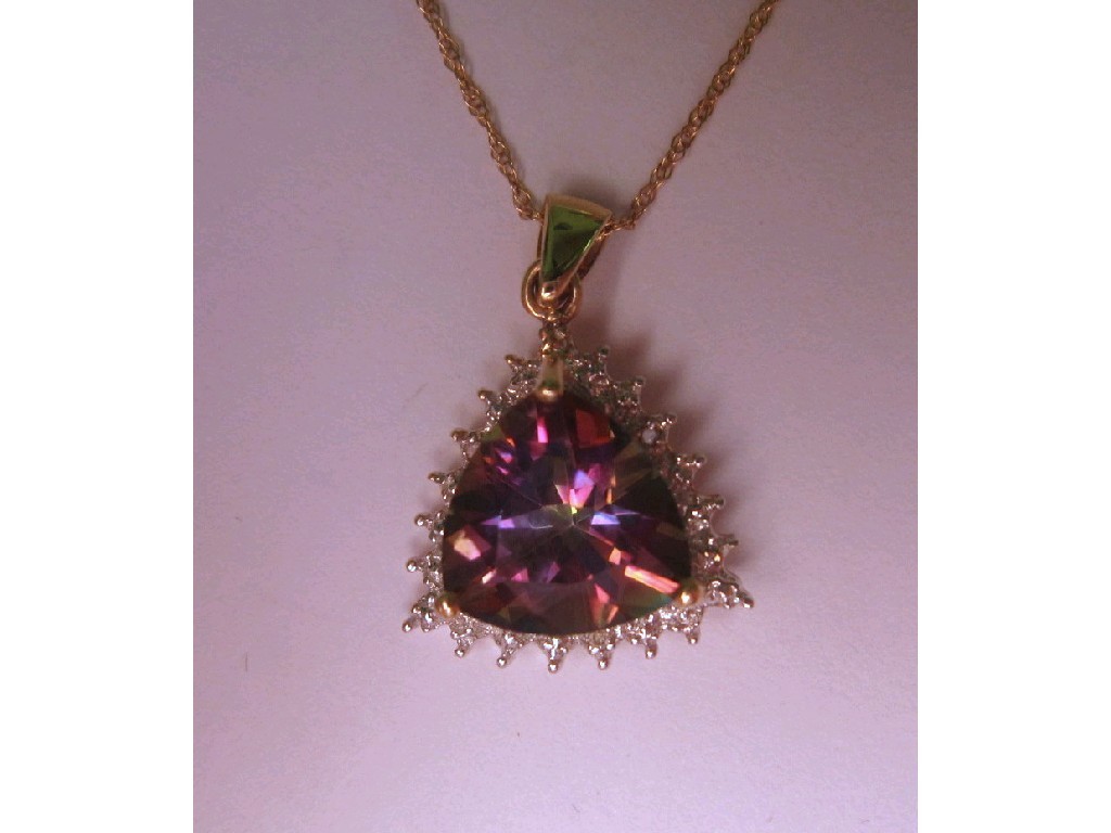 Appraisal: Mystic topaz and diamond cluster pendant on ct gold neckchain