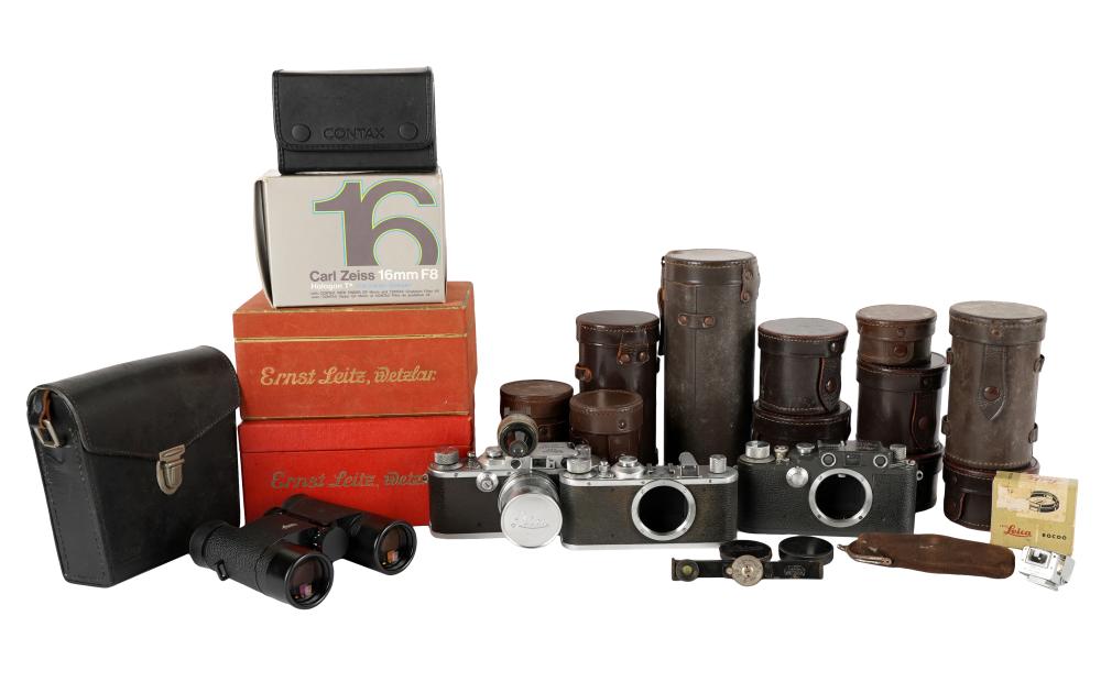 Appraisal: COLLECTION OF LEICA CAMERAS PARTS AND BINOCULARScomprising ten leather lens