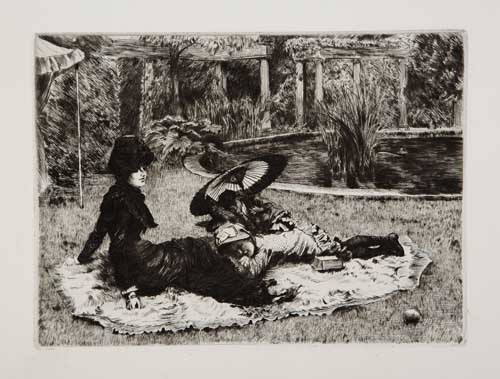 Appraisal: JAMES JACQUES TISSOT Sur l'Herbe Etching and drypoint on cream