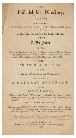 Appraisal: DIRECTORY - Cornelius W STAFFORD compiler The Philadelphia Directory for