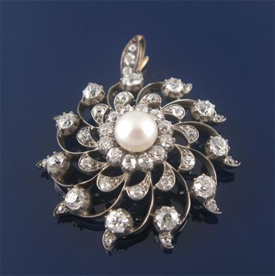 Appraisal: A late Victorian diamond and pearl brooch pendant of scrolling