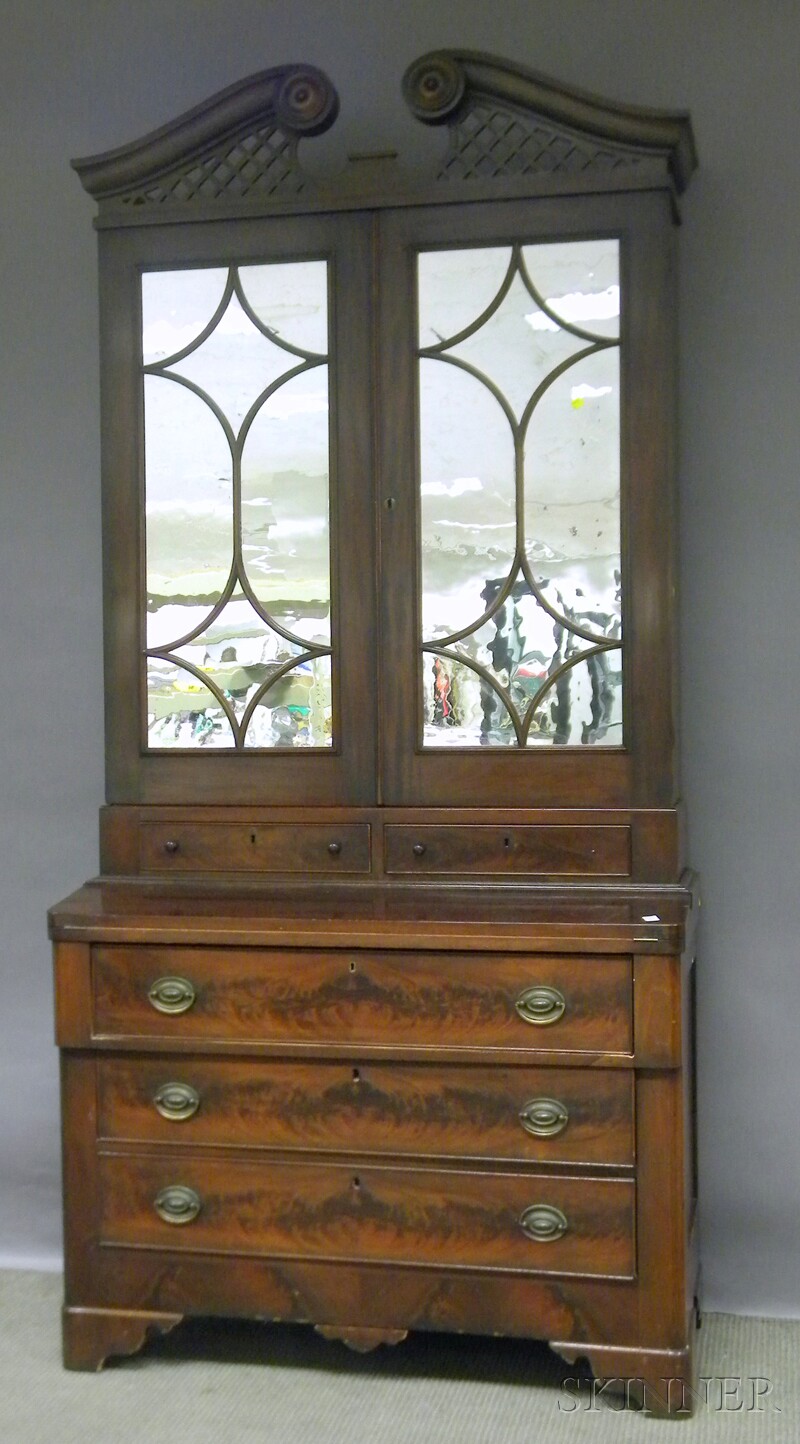 Appraisal: Empire Mahogany Writing Desk Bookcase with Mirrored Glass Cabinet Doors