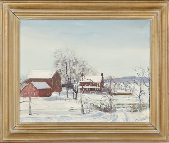 Appraisal: Former Christopher Schultz Homestead winter farm scene oil on canvas