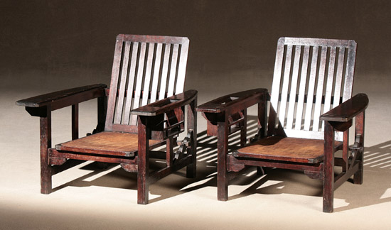 Appraisal: Pair of English Arts Crafts Stained Beechwood Morris-Style Armchairs Circa