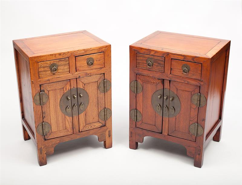 Appraisal: Pair of Chinese Brass-Mounted Elm Side Cabinets x x in