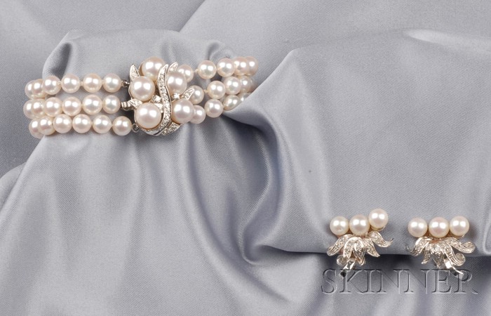 Appraisal: kt White Gold and Cultured Pearl Suite comprising a triple