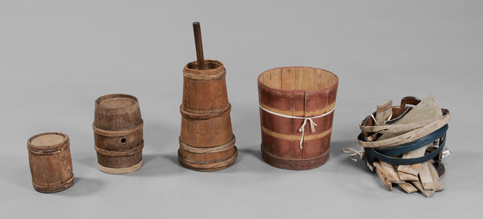 Appraisal: Wooden Churn Kegs Pail probably American th century red-painted tapered