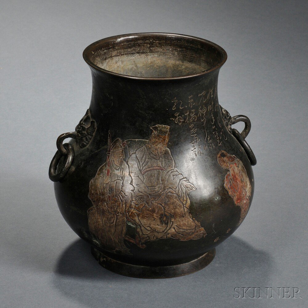 Appraisal: Bronze Vase China globular form with incised and painted folklore