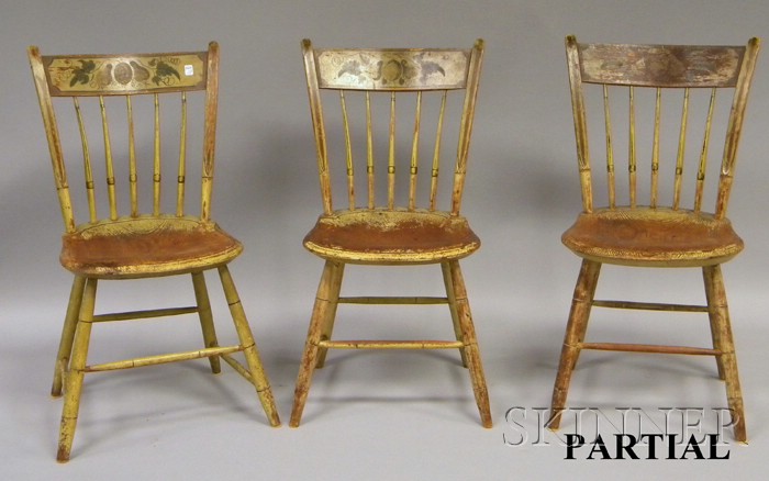 Appraisal: Set of Six Yellow-painted and Stencil-decorated Windsor Thumb-back Side Chairs