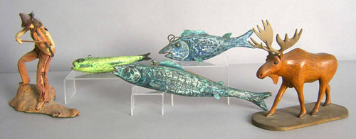 Appraisal: Three painted fish decoys th c together with a carved