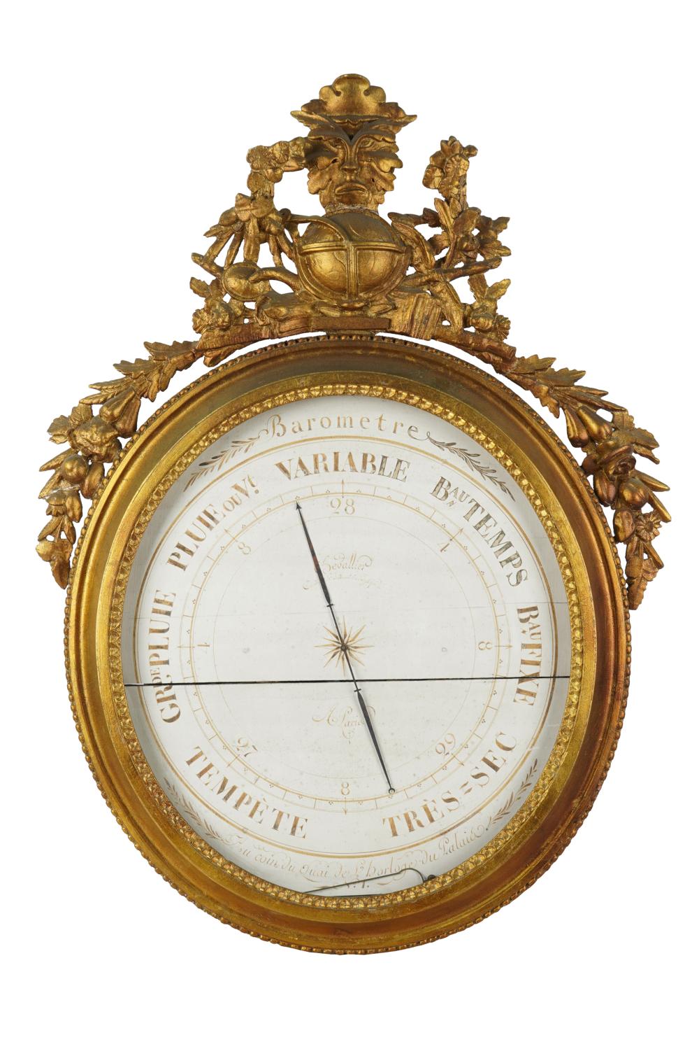 Appraisal: FRENCH GILTWOOD BAROMETERthe painted wood dial signed Bevallier Paris inches