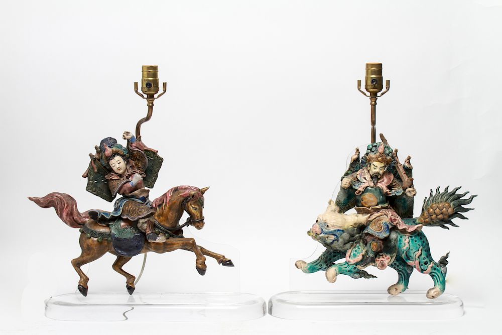 Appraisal: Chinese Horse Rider Roof Tile Table Lamps Pr Pair of